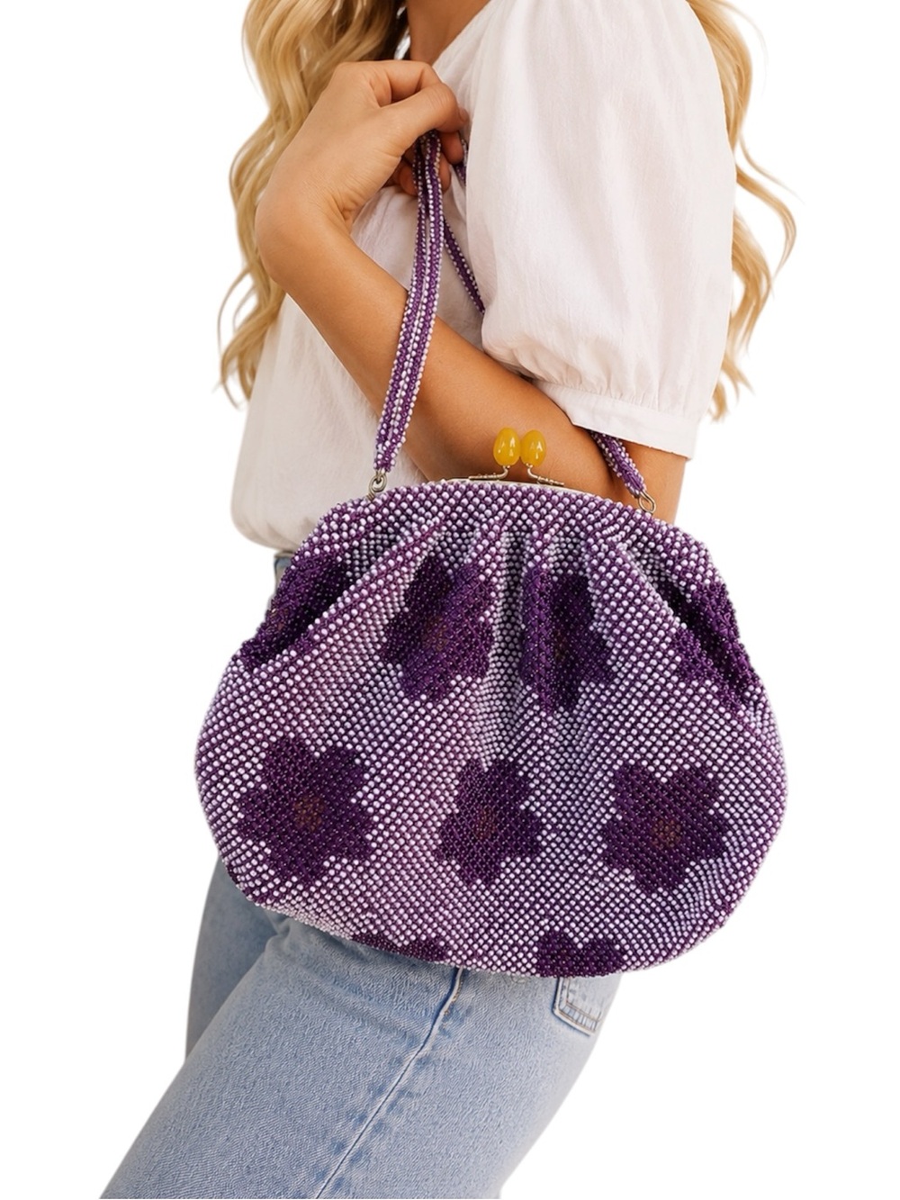 Vintage Purple Beaded Floral Handbag Y2K Clasp Top Purse